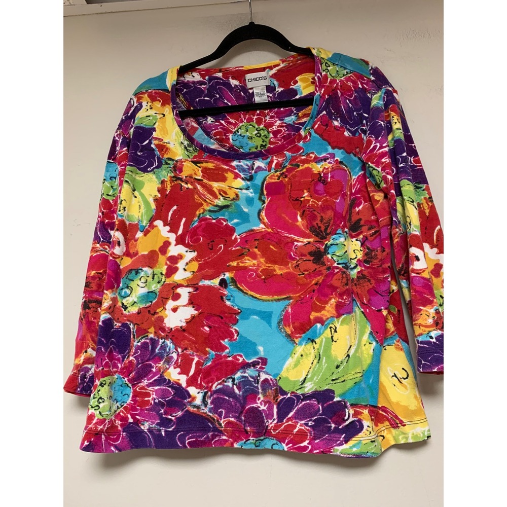 Chico's Floral Top Women Size 3 Multicolor Excellent 100% Cotton 3/4 Sleeve